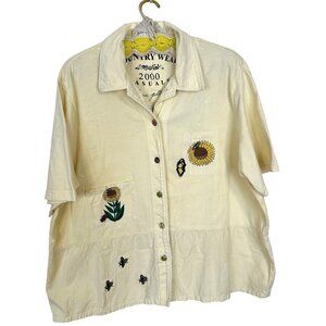 Vtg Womens Yellow Shirt Blouse Button Up Country Wear 2X Enamel Buttons Cotton